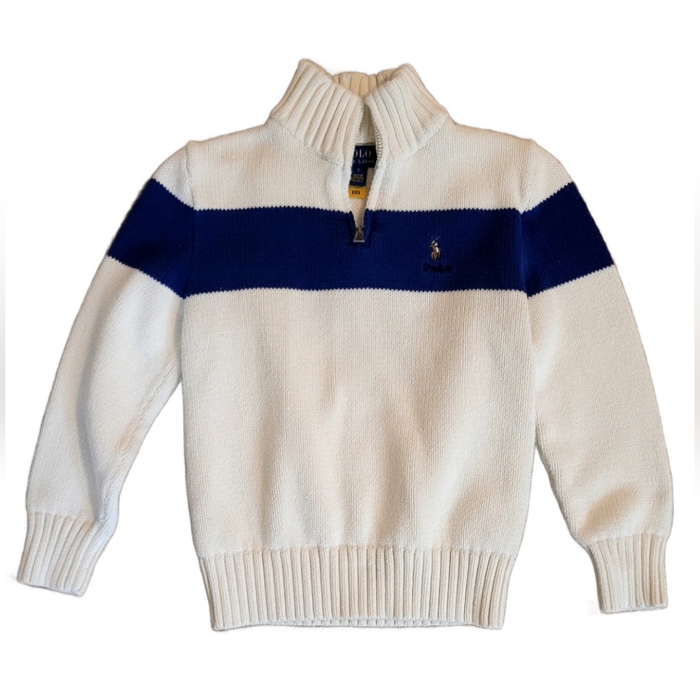 Polo Ralph Lauren White and Blue Zip Up Sweater